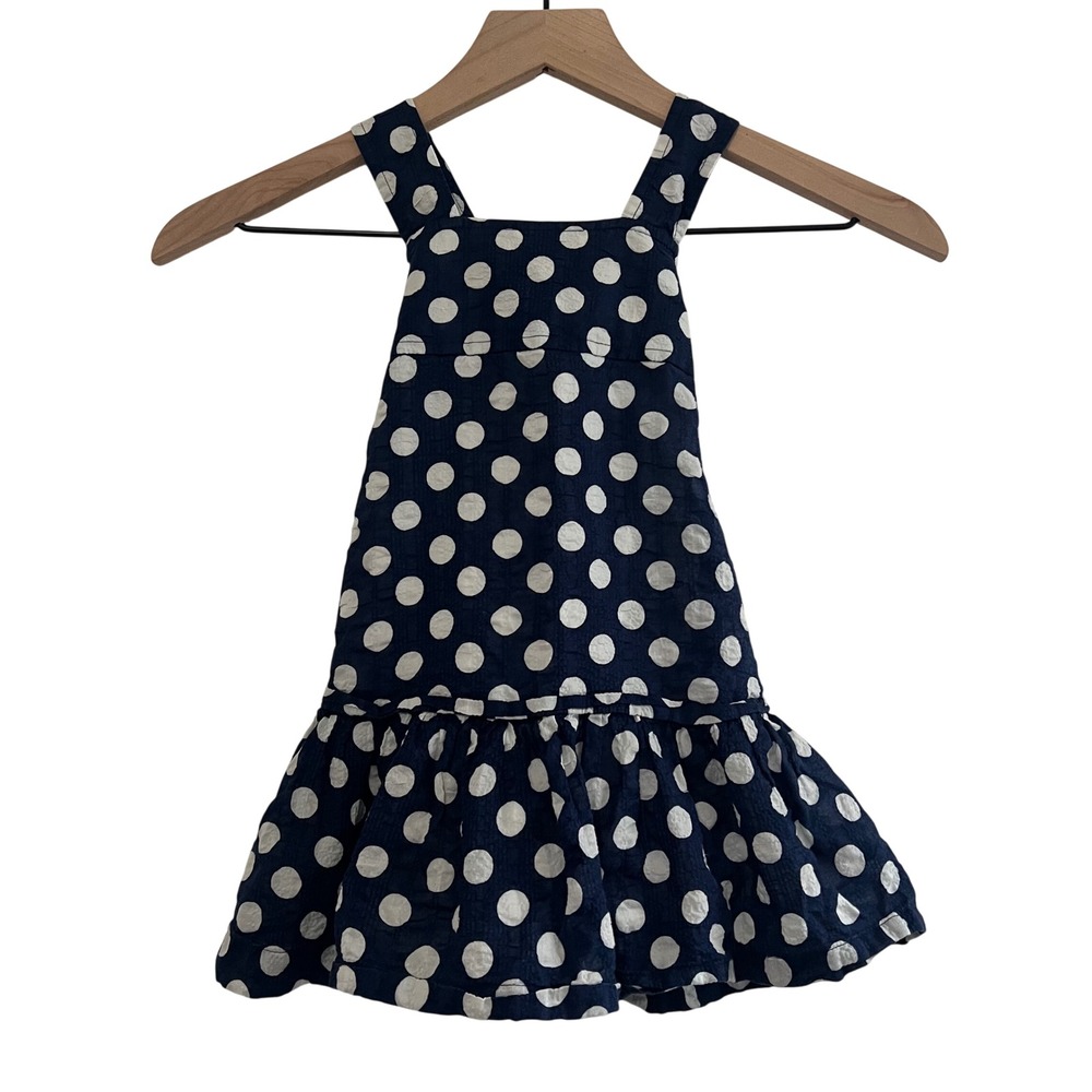Crewcuts Girls XS 4-5 Navy White Polka Dot Dress Criss Cross Back Cotton Lined
